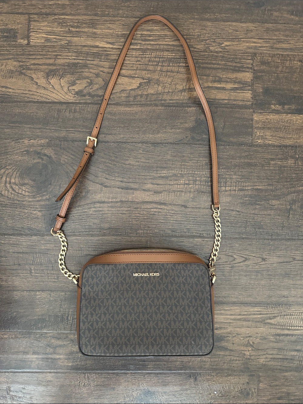 Michael Kors Brown MK Signature Crossbody with Gold Hardware